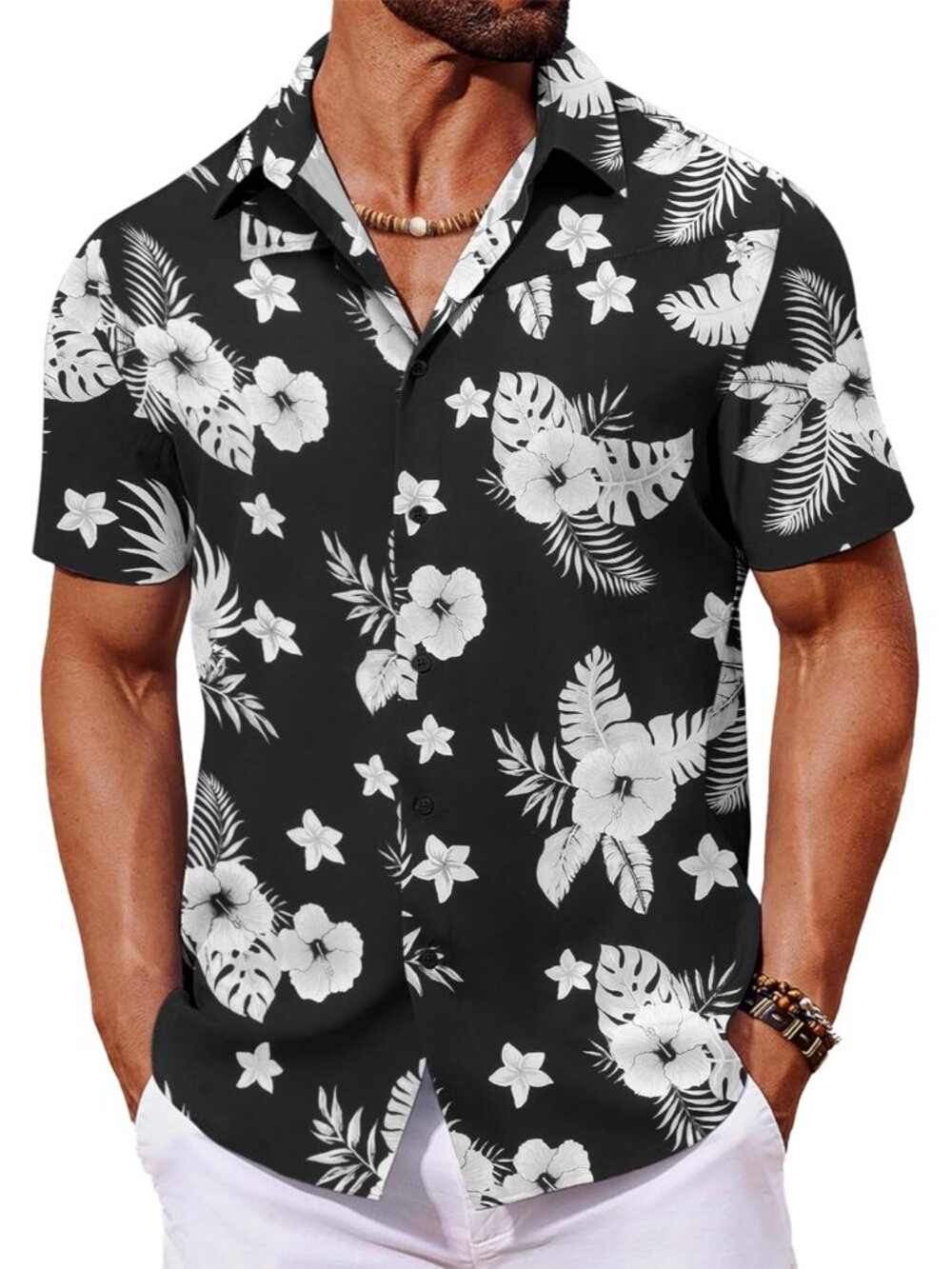 Men's Black 1 Hawaiian Short Sleeve Tropical Floral Summer Button Down Shirts